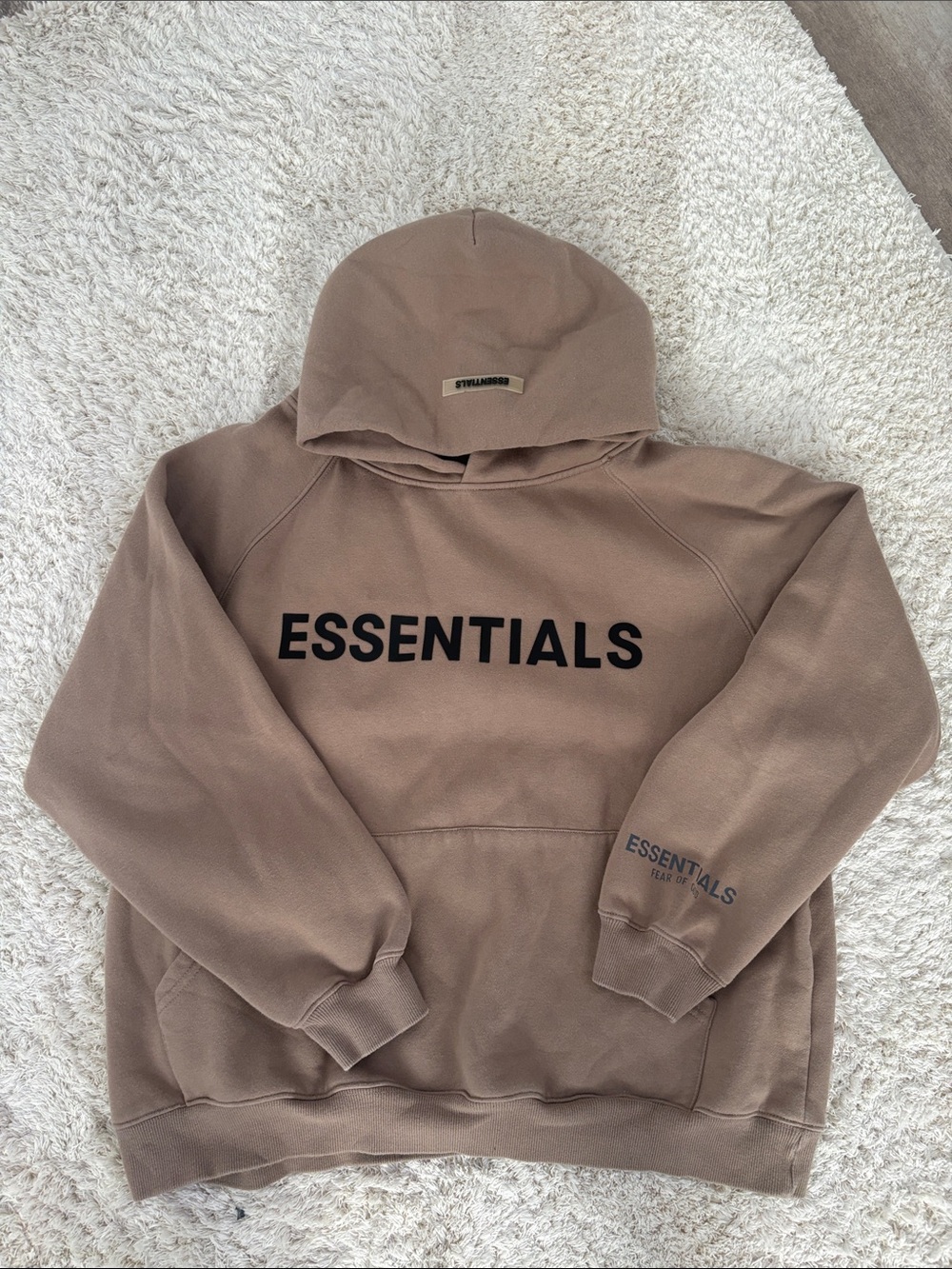 Essentials Inspired Womens Taupe Hoodie with Black Essentials Logo